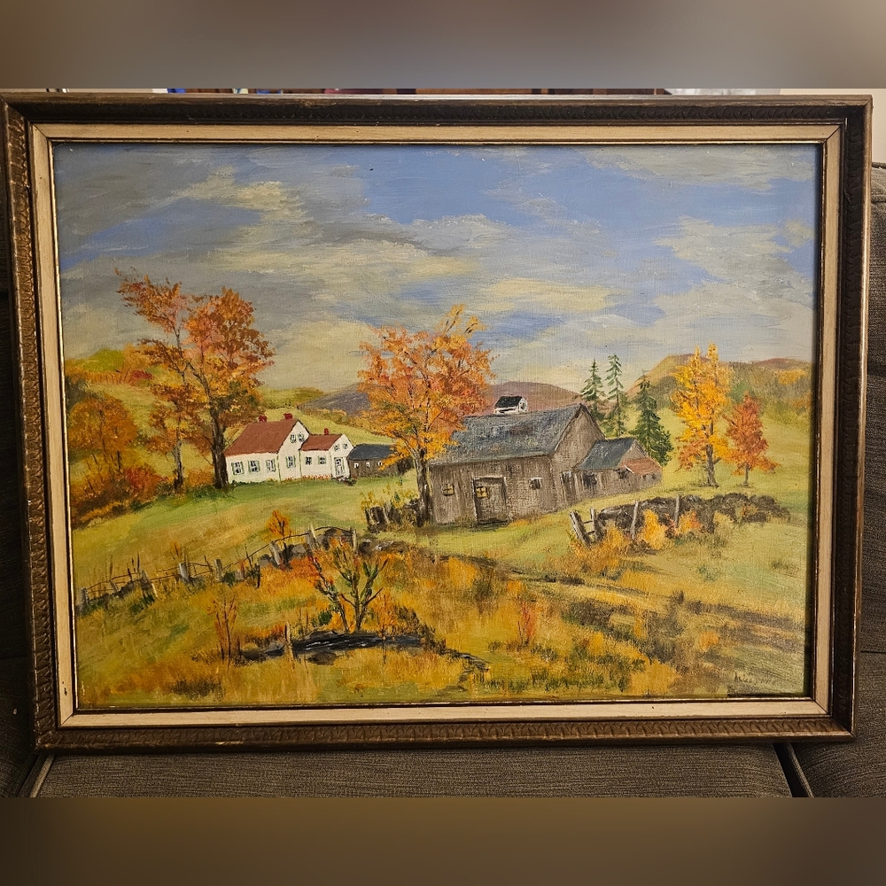 Unique Vintage Autumn Farmhouse Painting, Signed Alice Davis, Framed‎